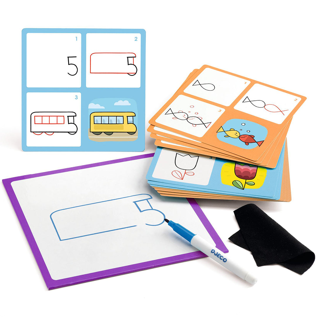 Djeco tekenkaarten hobbyset met een tekenbord, marker, doekje en stap-voor-stap instructiekaarten voor figuren.