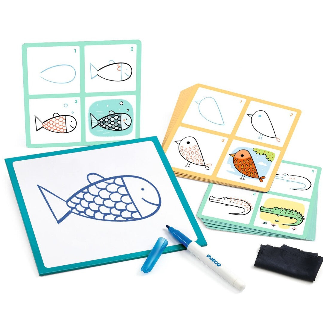 Djeco EduLudo Step by Step tekenkaarten set met een tekenbord, marker, gum en instructiekaarten voor het tekenen van dieren.
