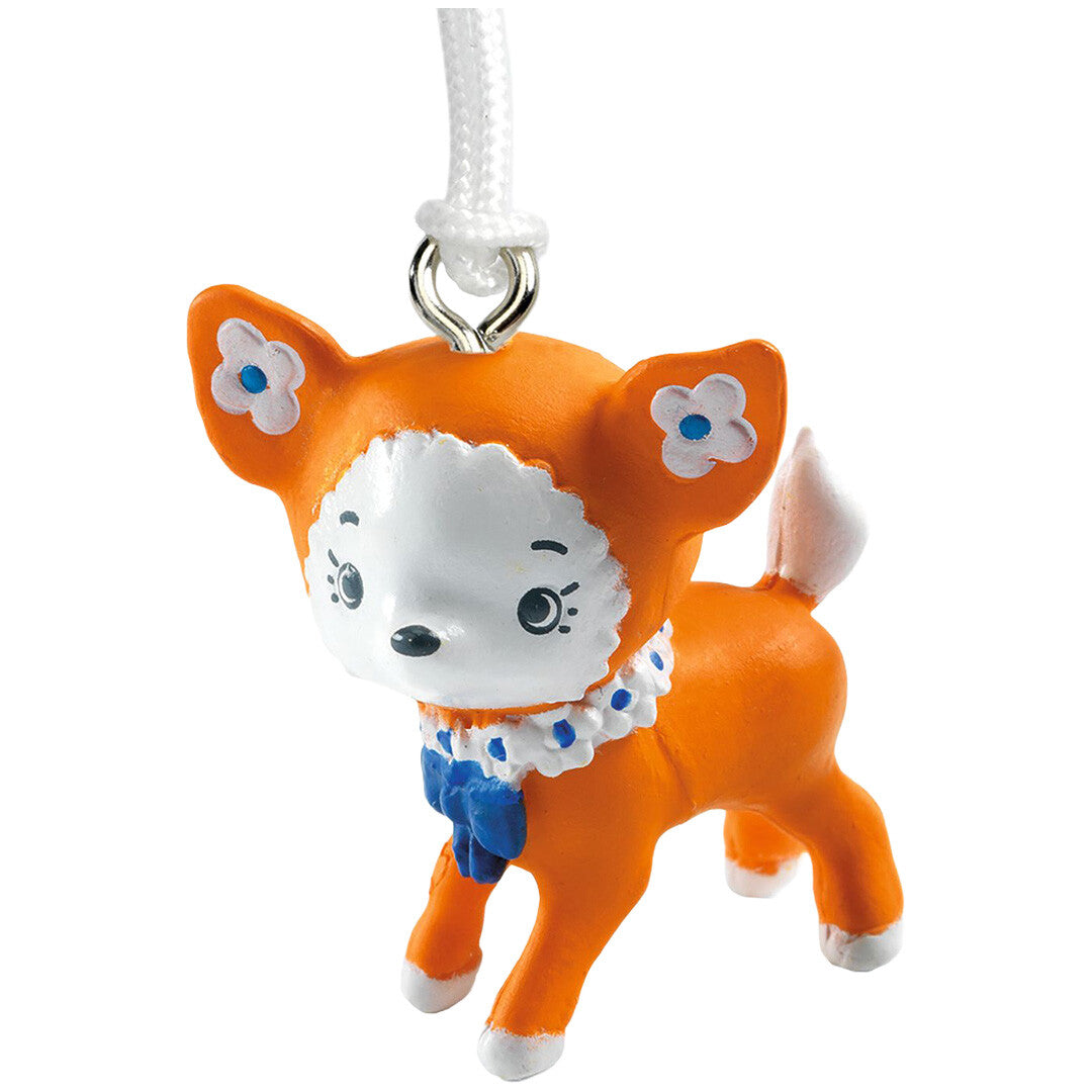 Djeco Tinyly sleutelhanger vosje Indie, een oranje vosje met witte details en een blauwe strik.