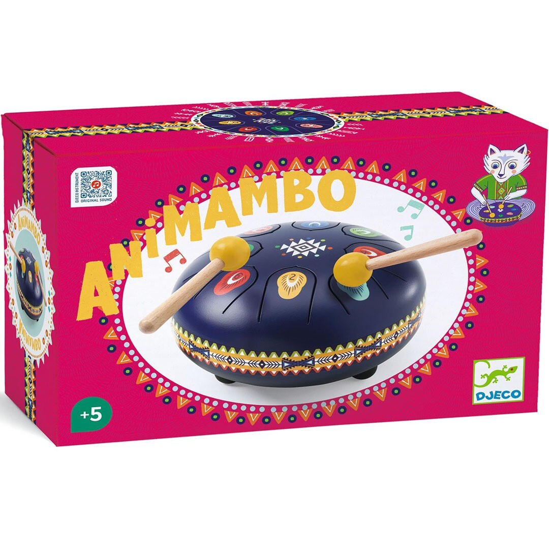 De roze verpakking van de Djeco Animambo tongtrommel met etnisch patroon.