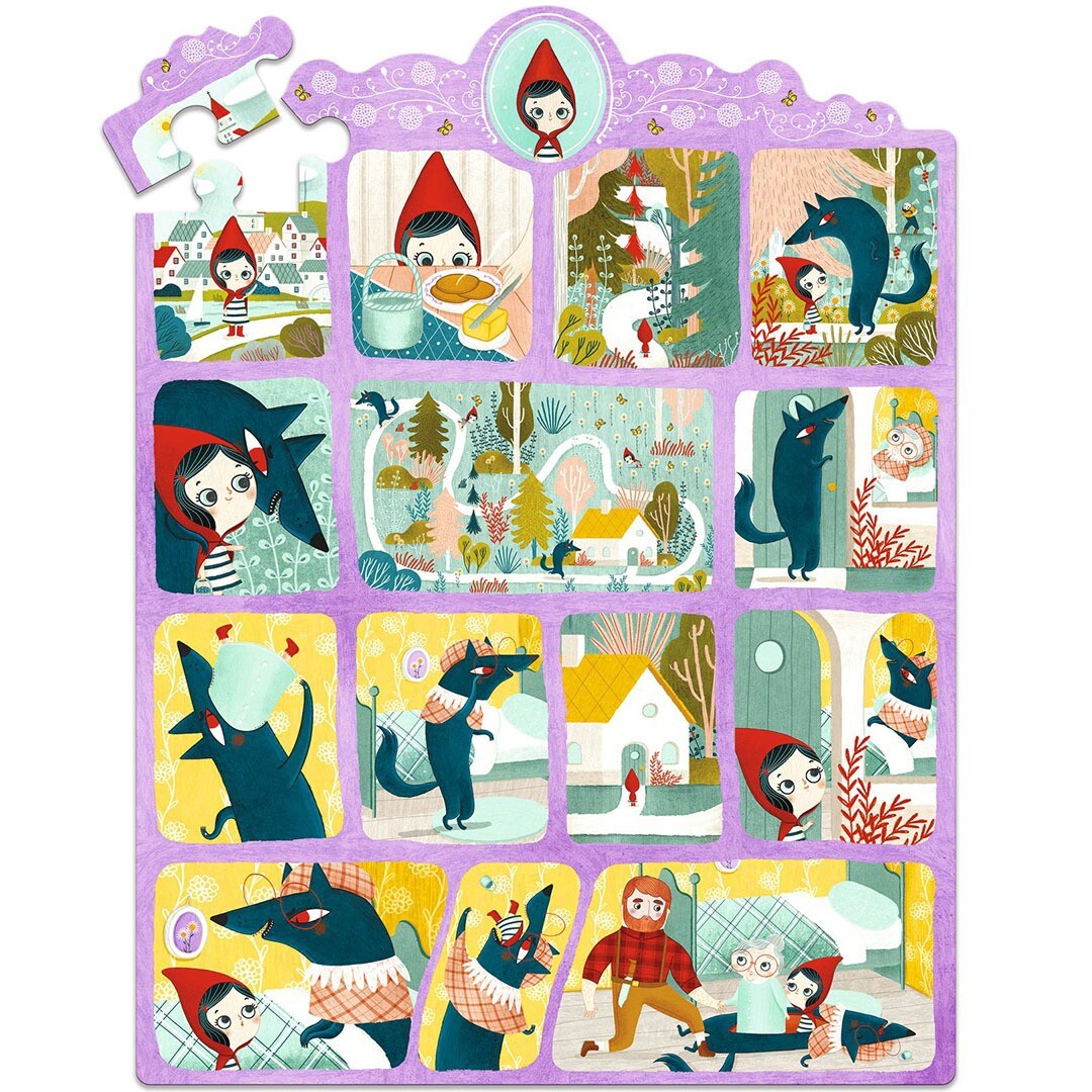 Volledig gelegde Roodkapje story puzzel met 16 scènes.