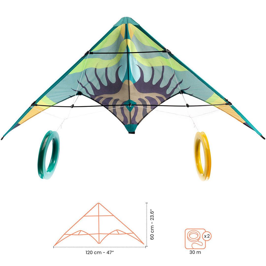 Infographic van de Djeco stuntvlieger met afmetingen van 120 bij 60 centimeter.