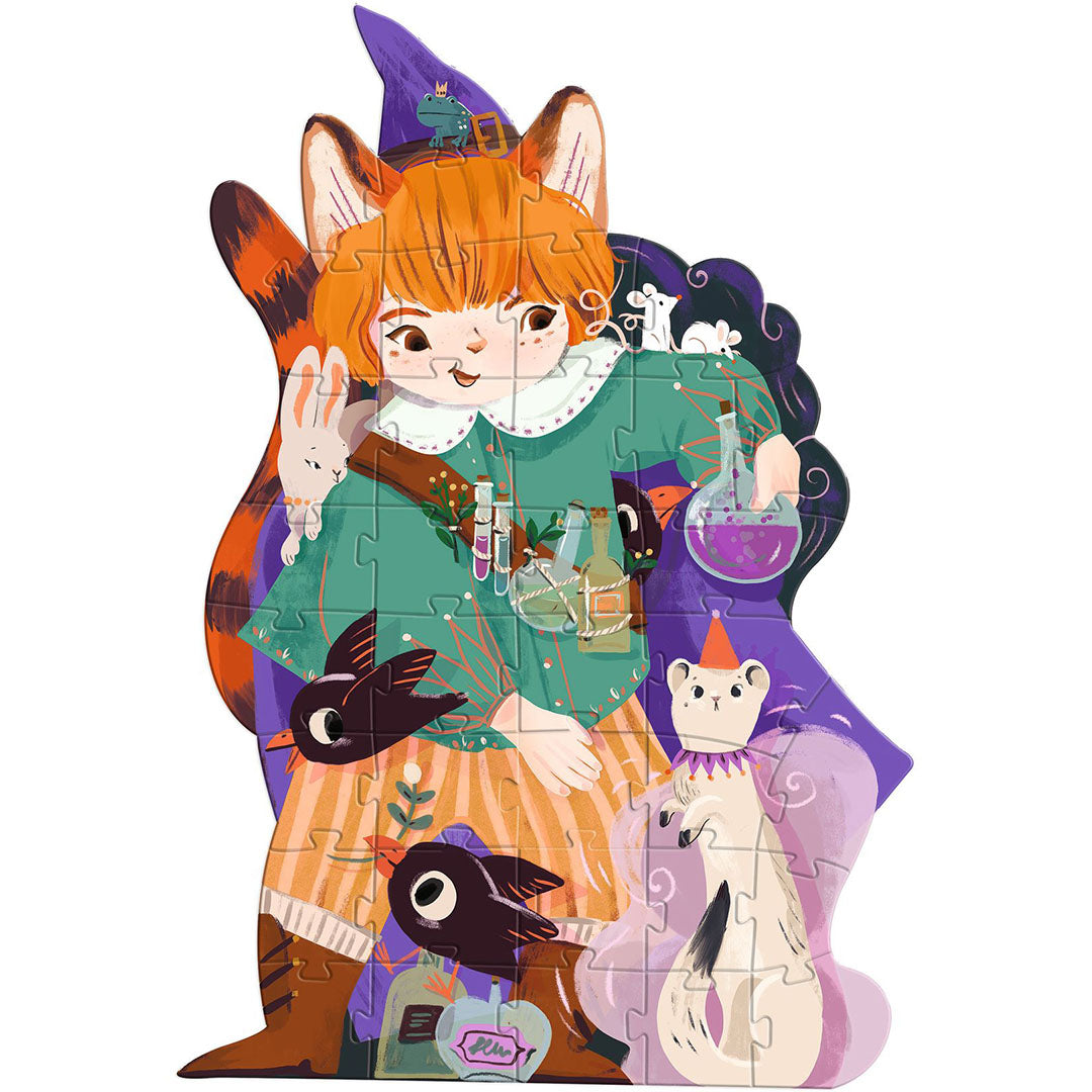 Djeco vloerpuzzel Pio de Magiër, een contourpuzzel met een kind met vossenoren en magische dieren.