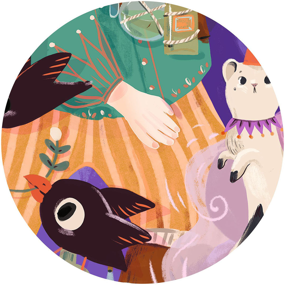 Detail van de Djeco vloerpuzzel Pio de Magiër met de hand van de magiër, een zwarte vogel en een wit dier.