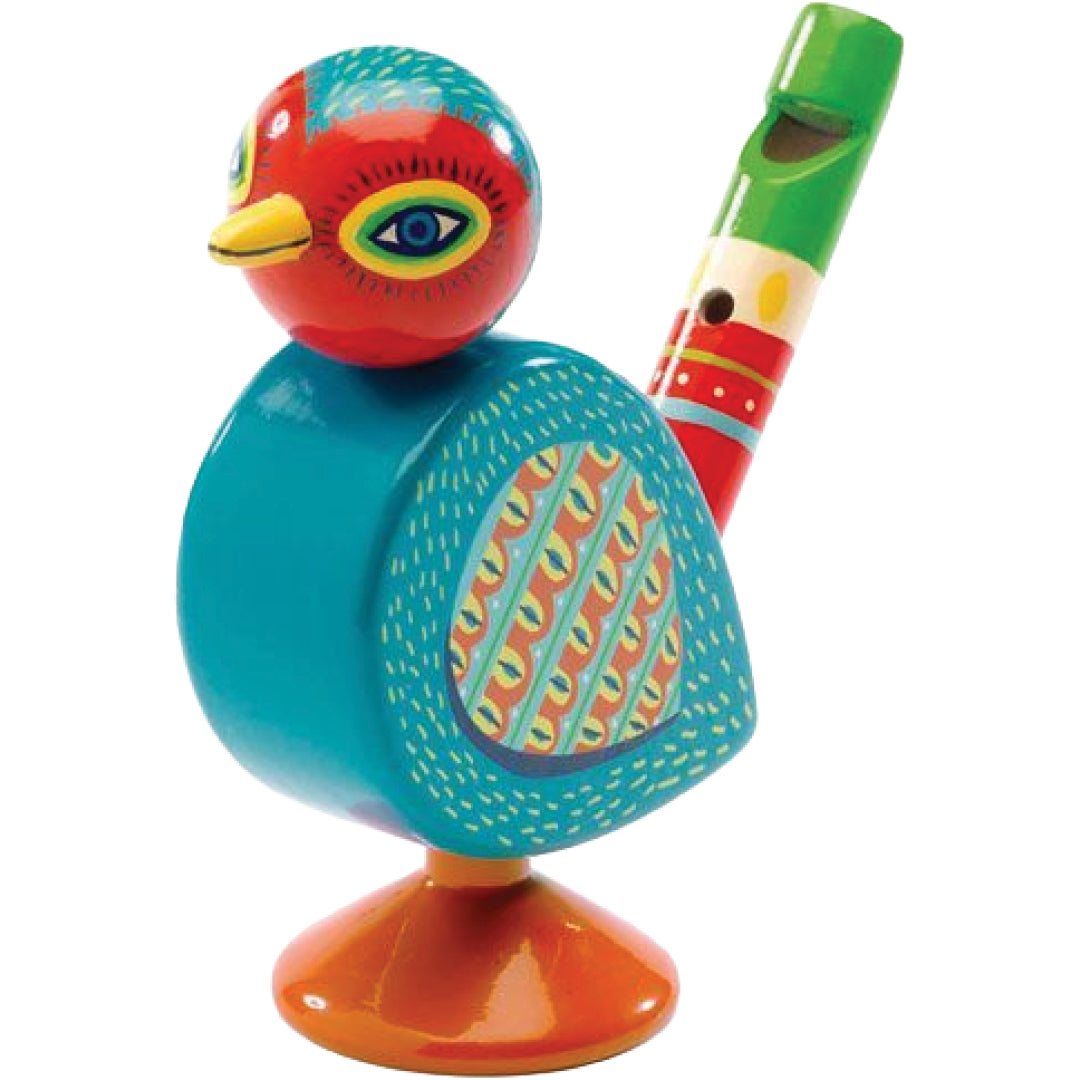 Djeco houten vogelfluitje in de vorm van een kleurrijke vogel met abstracte patronen.