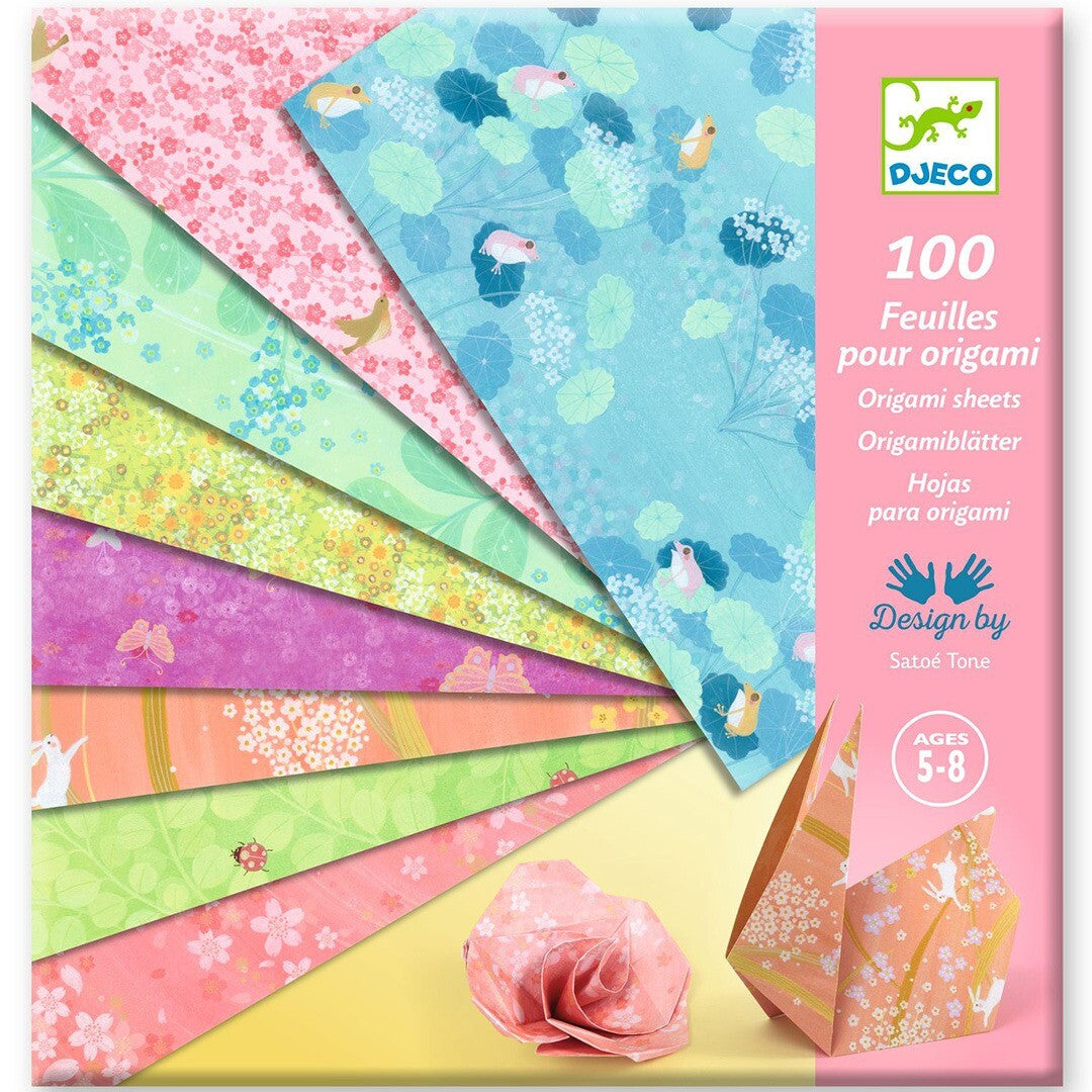 Djeco vouwpapier Haru verpakking met verschillende patronen van vogels, bloemen en bladeren, en twee gevouwen origami figuren.
