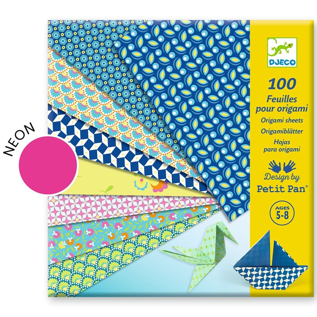 Djeco verpakking van 100 vellen neon origamipapier met diverse geometrische en bloemige patronen, inclusief een gevouwen kraanvogel en boot.