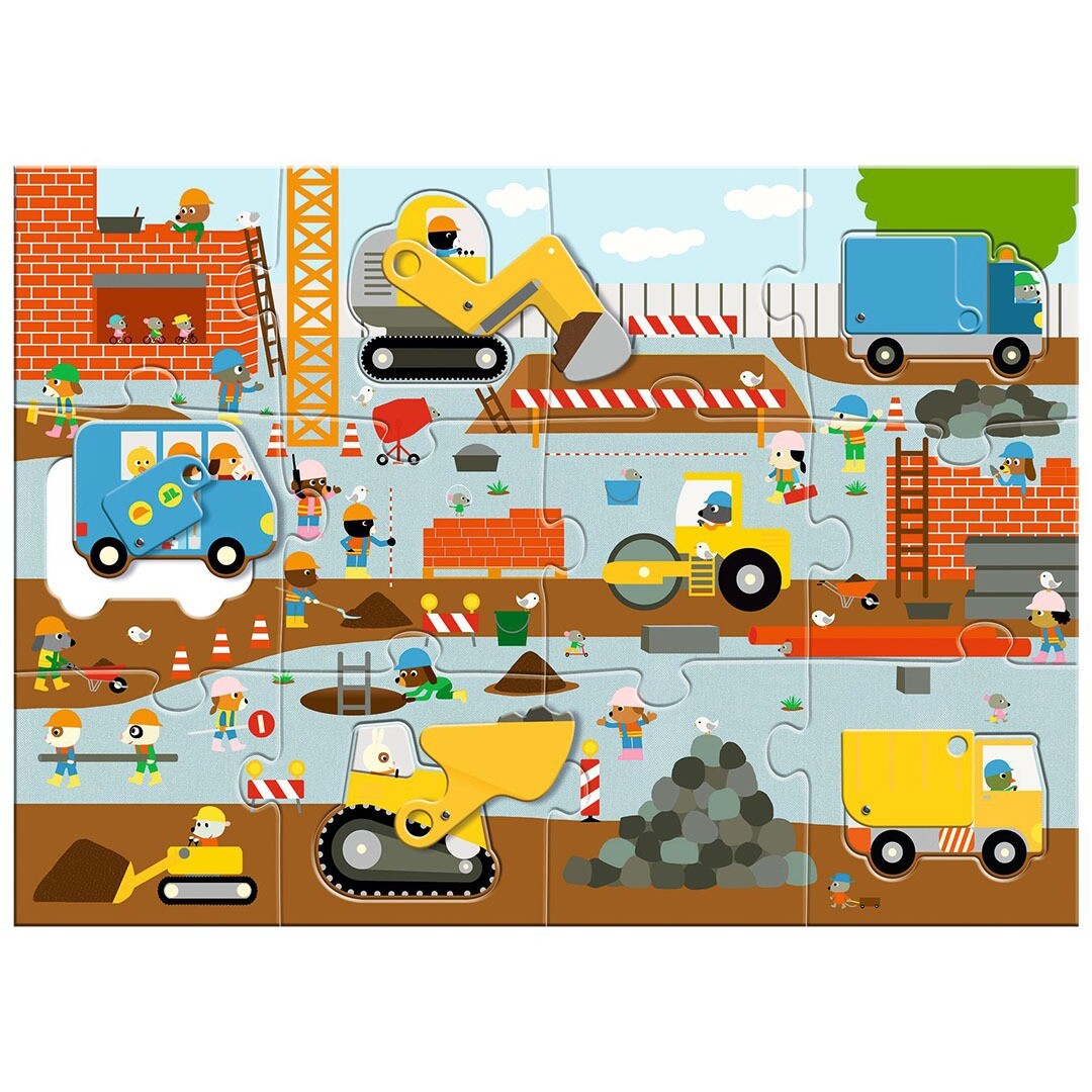 Complete Djeco XL legpuzzel met een bouwplaats vol voertuigen en werkende figuren.