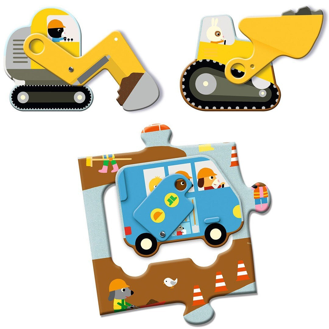 Drie losse puzzelstukken van de bouwplaats legpuzzel, waaronder twee voertuigen en een bus.