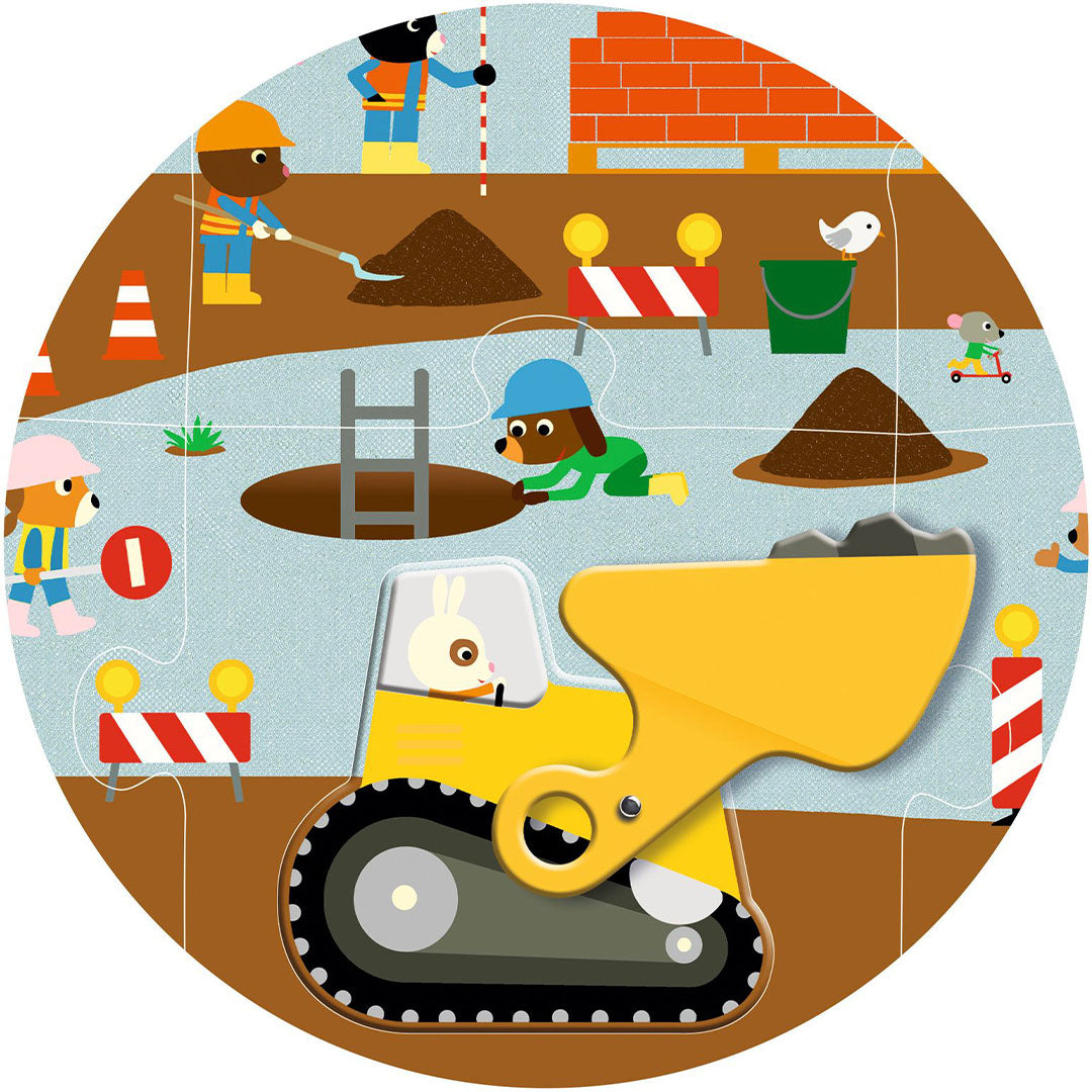 Detail van de bouwplaats legpuzzel met een gele dumper en werkende figuren.
