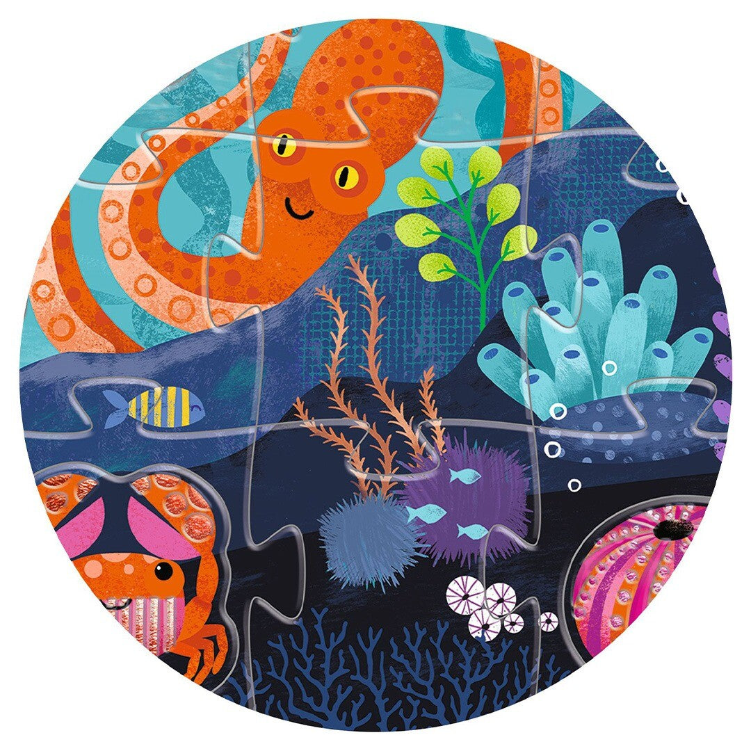 Detail van de oceaan dieren legpuzzel met een oranje octopus en een krab.