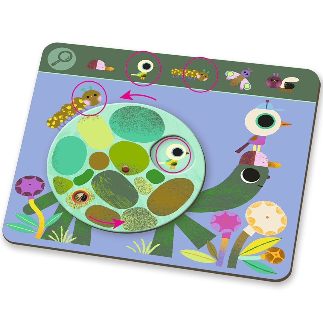 Een speelbord van het educatieve zoekspel met een groene schildpad en draaiende schild.