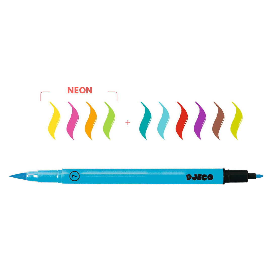 Infographic van een blauwe Djeco dubbele viltstift met kleurstalen van de neon mix.