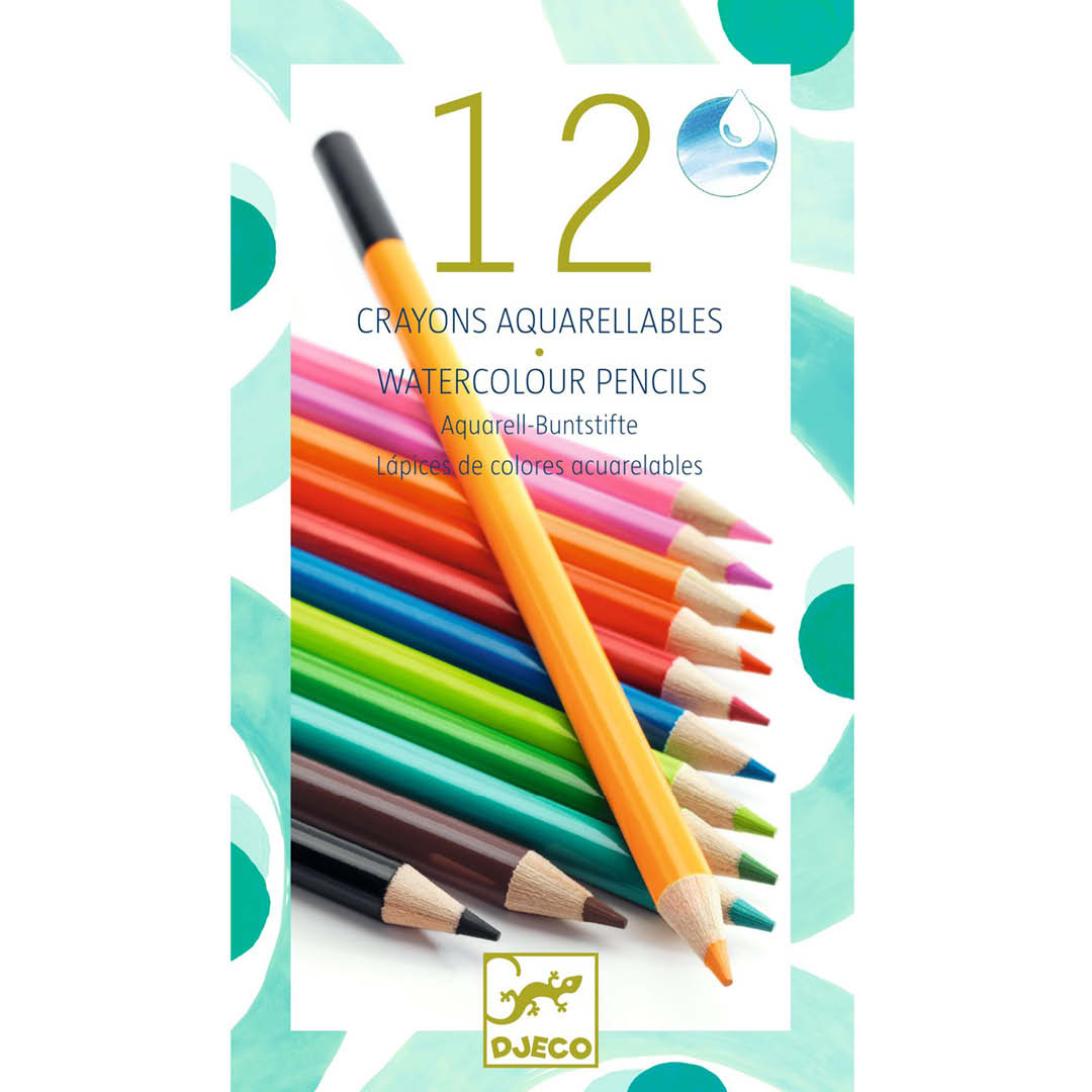 Djeco verpakking met 12 aquarel kleurpotloden in diverse kleuren.