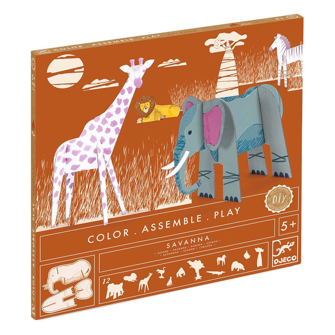 Djeco hobbyset verpakking met illustraties van een giraffe, olifant en leeuw in een savanne thema.