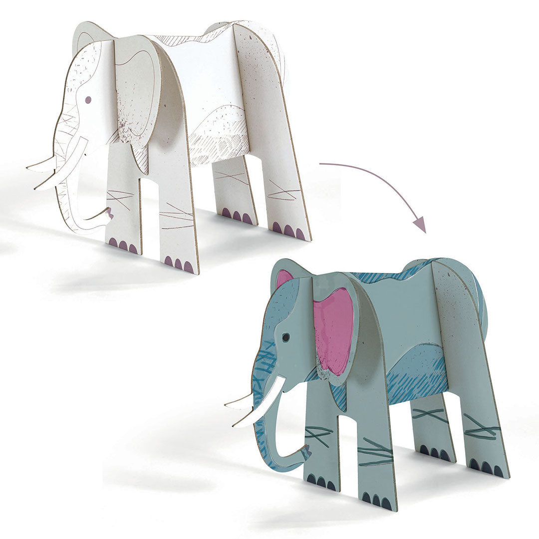 Demonstratie van een 3D kartonnen olifant speelfiguur, ongekleurd en gekleurd.