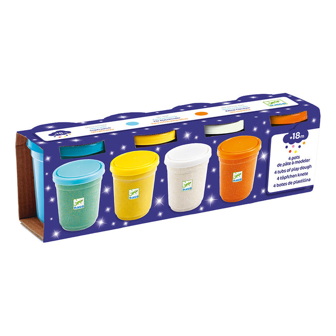 Djeco verpakking met vier potjes boetseerklei met glitters.