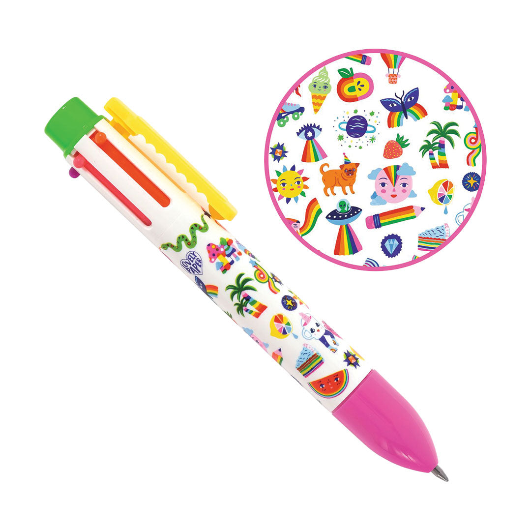 Djeco 6-in-1 kleurenpen met veelkleurige patronen van dieren, figuren en regenbogen, en een roze punt.