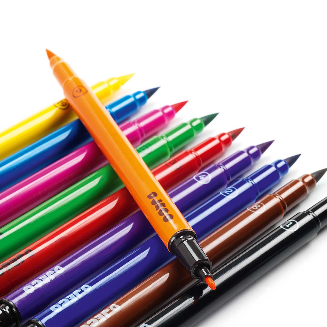 Een stapel van 10 Djeco dubbele viltstiften in verschillende kleuren.