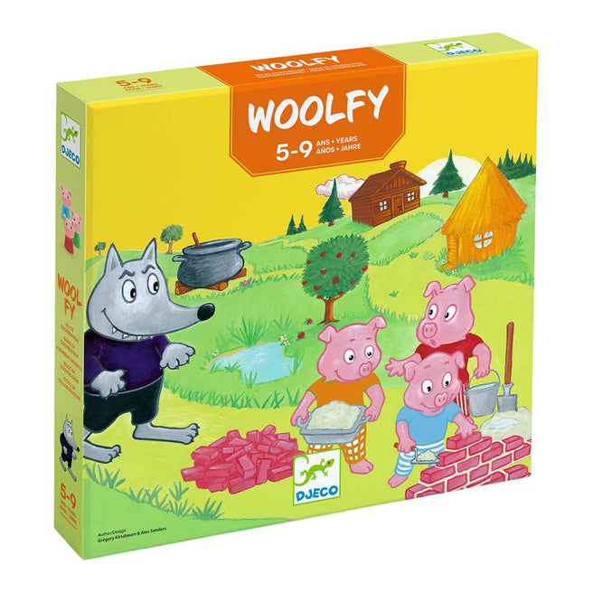 Djeco Woolfy bordspelverpakking met illustratie van een wolf en biggetjes.