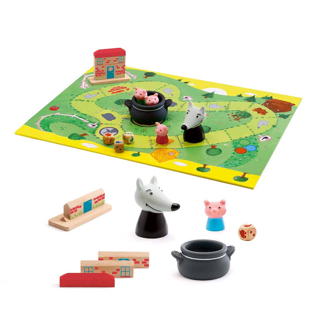 Alle onderdelen van het Djeco Woolfy bordspel, inclusief het speelbord, wolf- en biggetjesfiguren en houten huisjes.