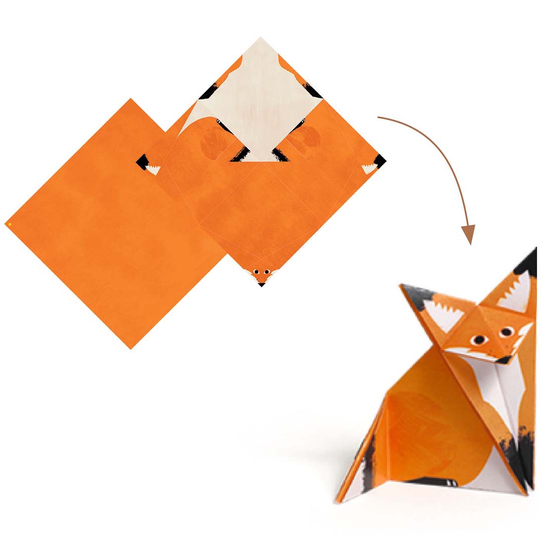 Demonstratie van het vouwen van een oranje origami vos met twee vierkante vellen papier.
