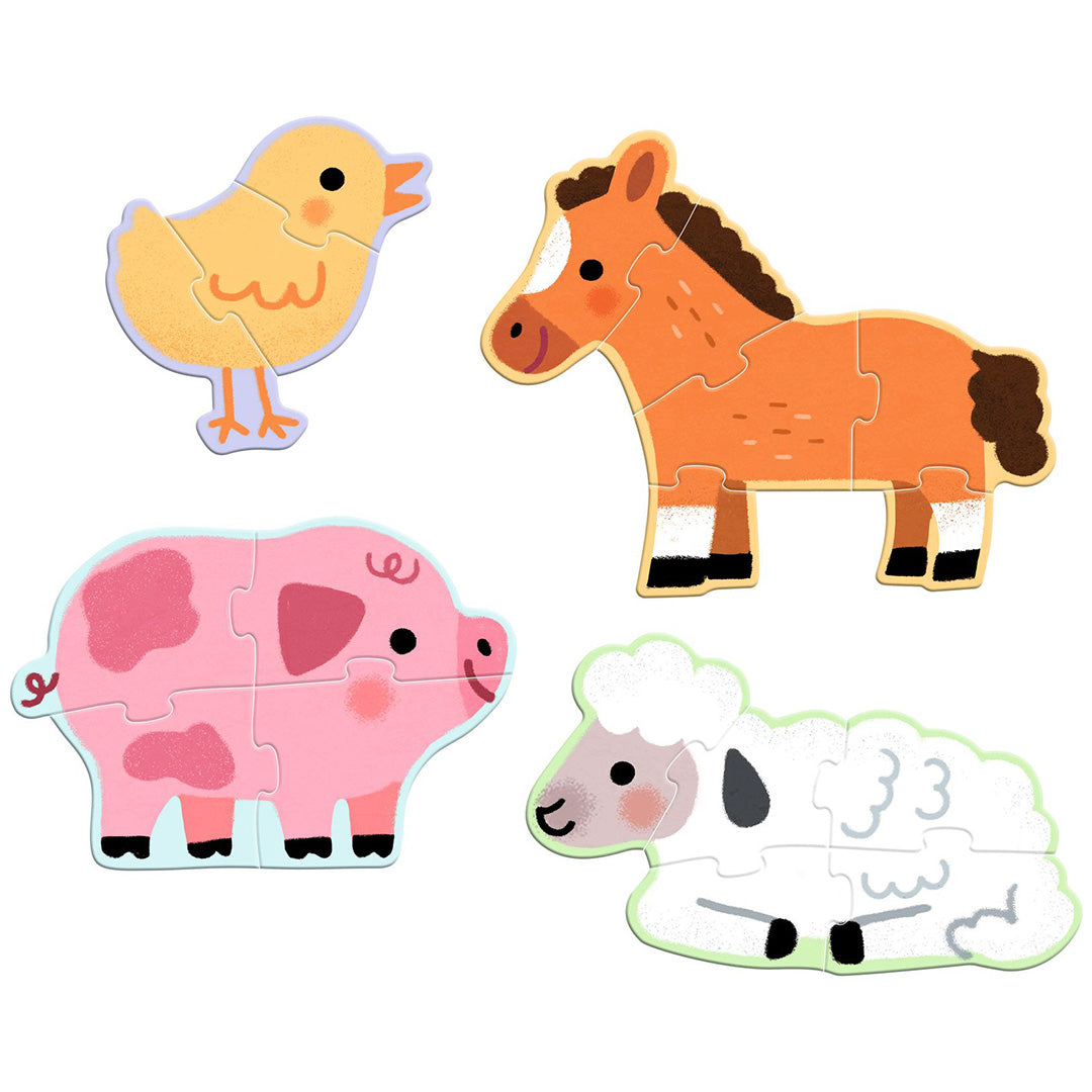 Vier Djeco boerderijdieren legpuzzels van een kuiken, paard, varken en schaap.