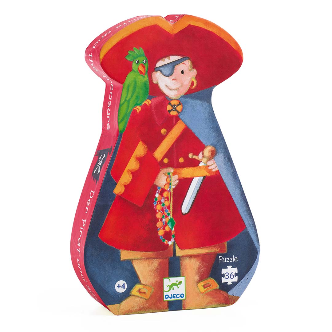 Djeco piratenpuzzel verpakking in de vorm van een piraat met een papegaai op zijn schouder.