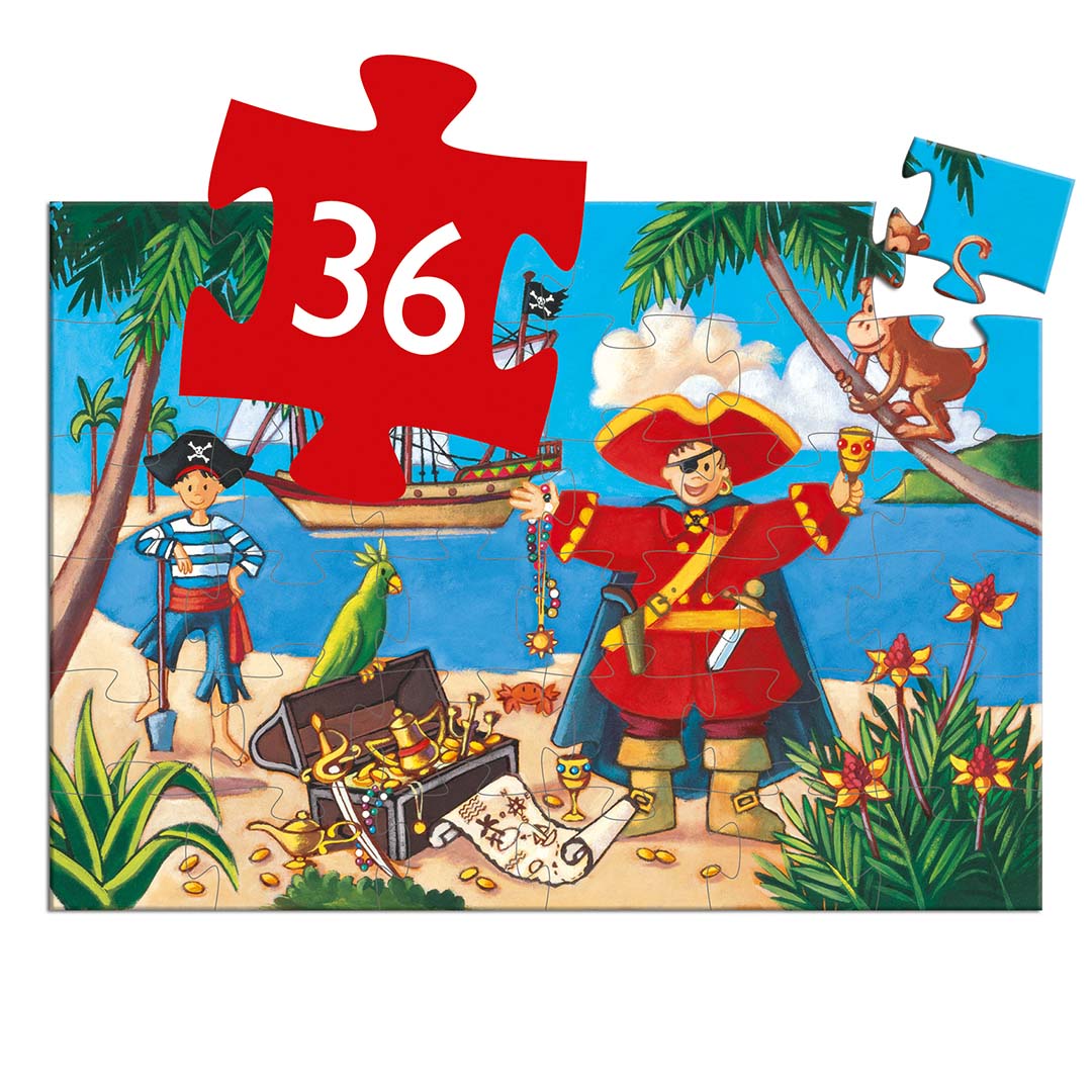 Een Djeco legpuzzel van 36 stukjes met een piratenscène, met een rode puzzelstuk overlay die het aantal van 36 stukjes aangeeft.