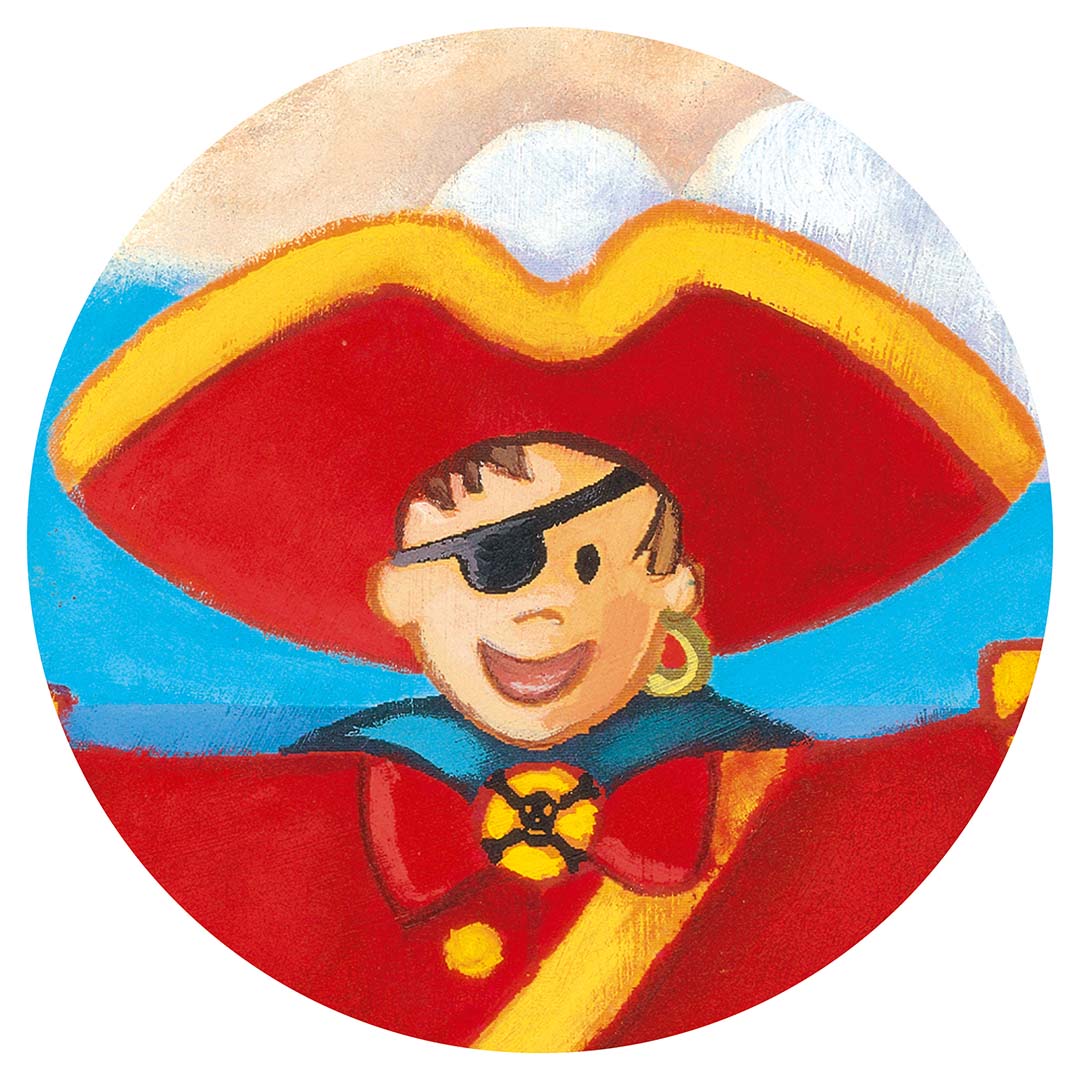 Detail van de Djeco piraten legpuzzel, met een close-up van het gezicht van de piraat met ooglapje en rode hoed.