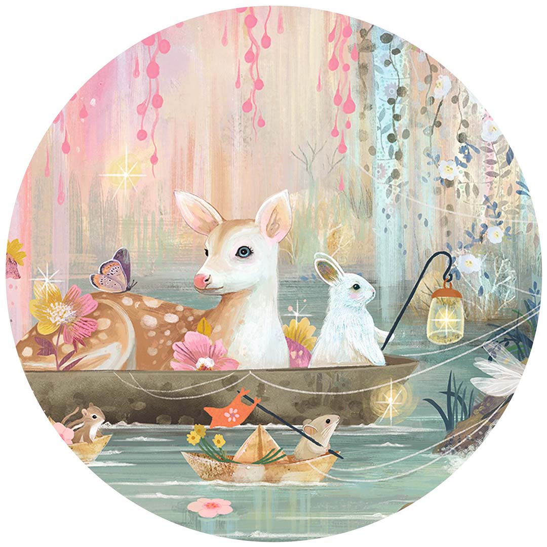 Rond detail van de legpuzzel met een hertje en konijn in een bootje, en muizen in papieren bootjes.