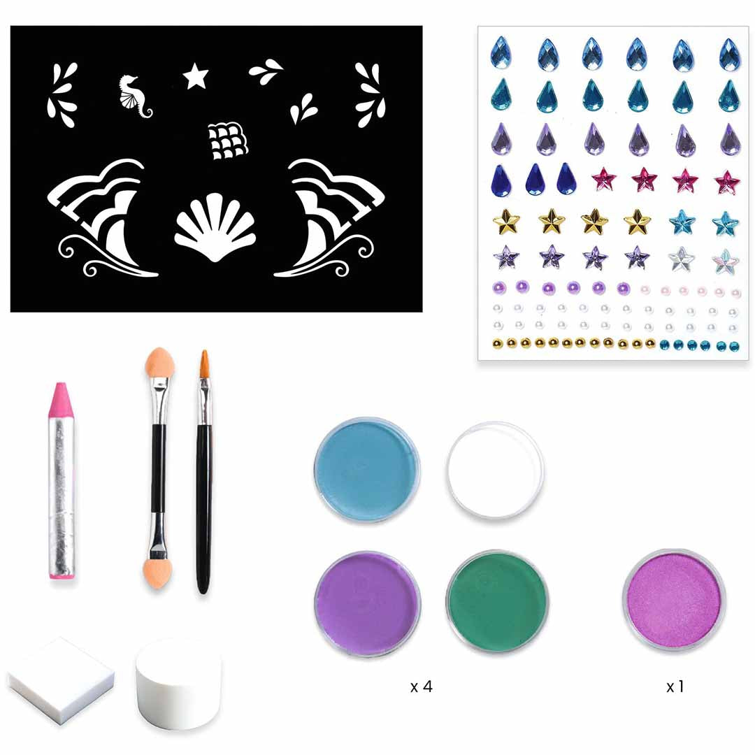 Overzicht van de Djeco schmink parelmoer set met stencils, edelstenen, kwasten en schminkpotjes.