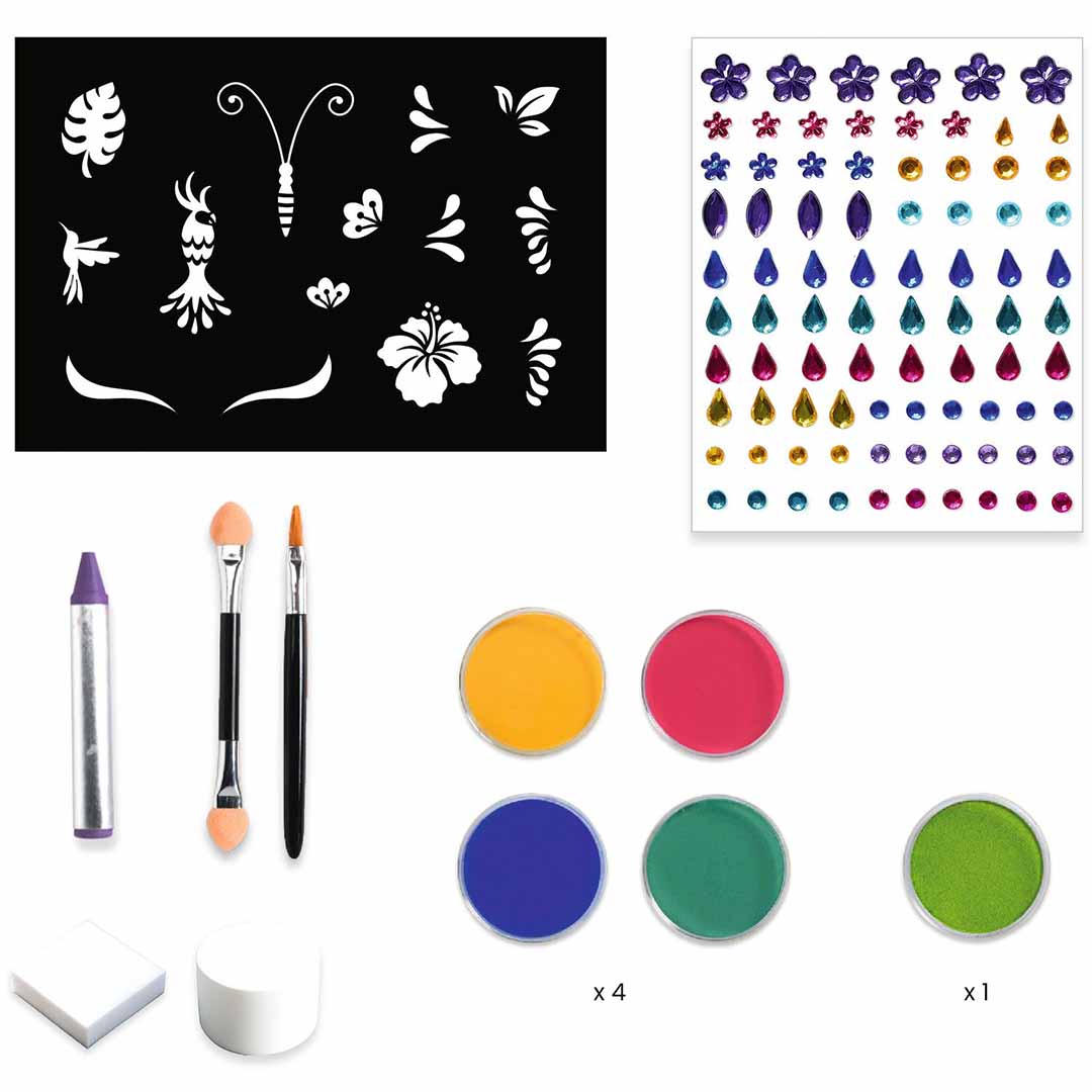 Overzicht van de inhoud van de Djeco schminkset met stencils, edelstenen, een potlood, kwasten en vijf potjes schmink.