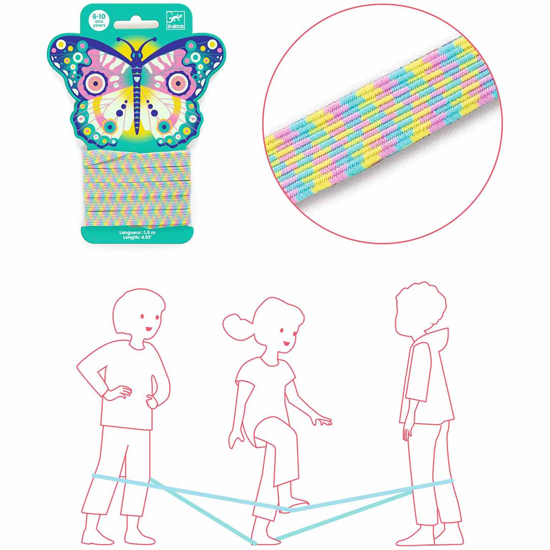Infographic van het Djeco springelastiek vlinder, met een close-up van het regenboogkleurige elastiek en een illustratie van kinderen die ermee spelen.