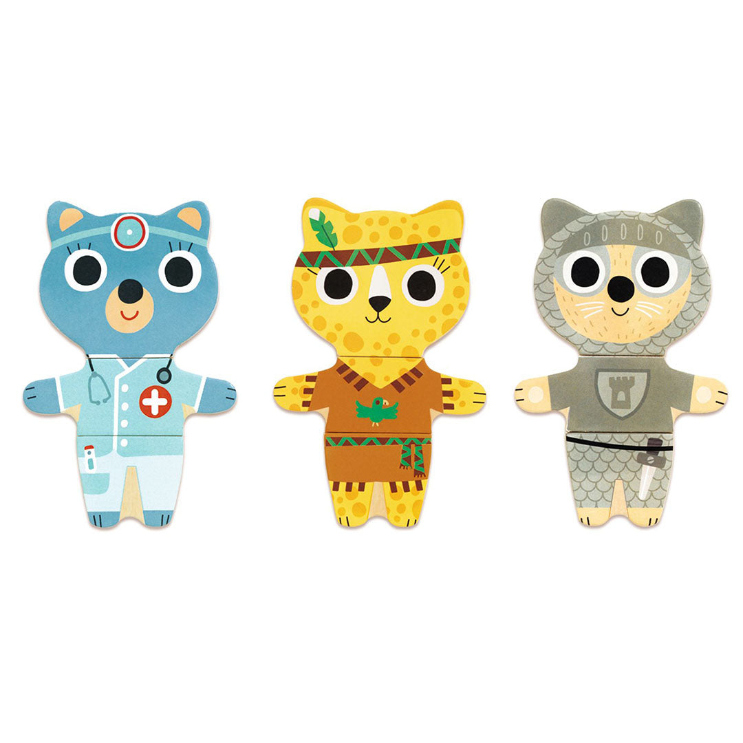 Drie Djeco houten puzzelfiguren van dieren verkleed als dokter, inheemse persoon en ridder.