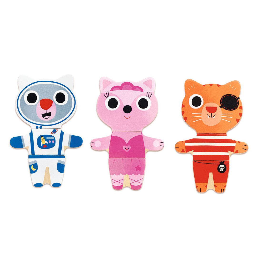 Drie Djeco houten puzzelfiguren van dieren verkleed als astronaut, ballerina en piraat.