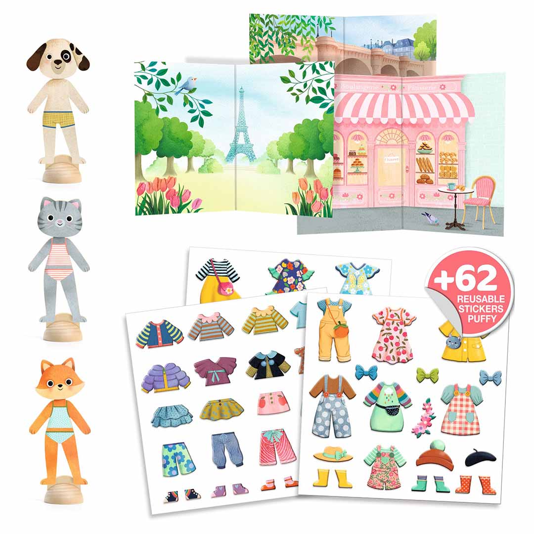 Drie Djeco aankleedpoppen van dieren zonder kleding, met Parijse achtergronden en vellen herbruikbare kledingstickers.