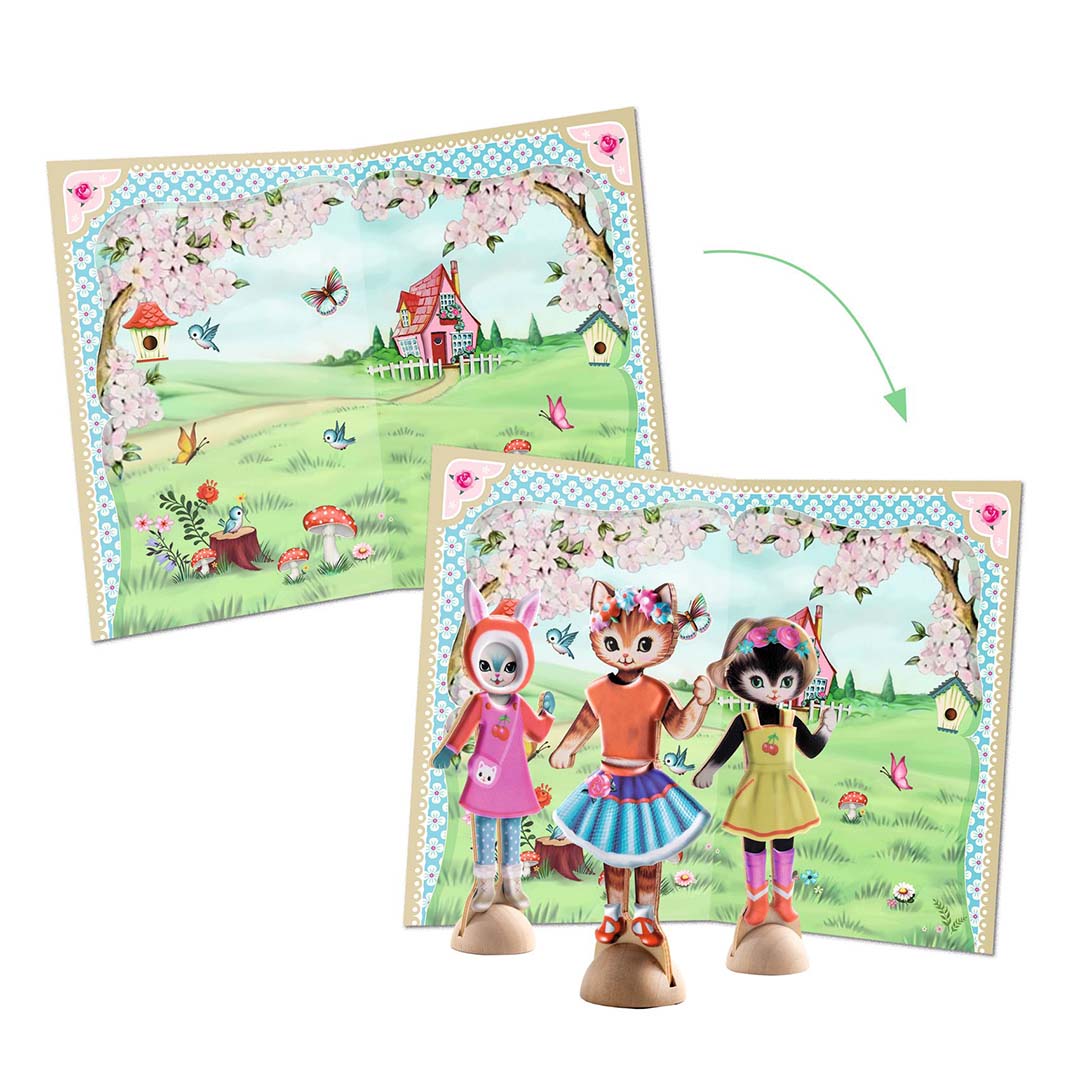 Djeco aankleedpoppen poezen en dierenfiguren met een verwisselbare lente-achtergrond.