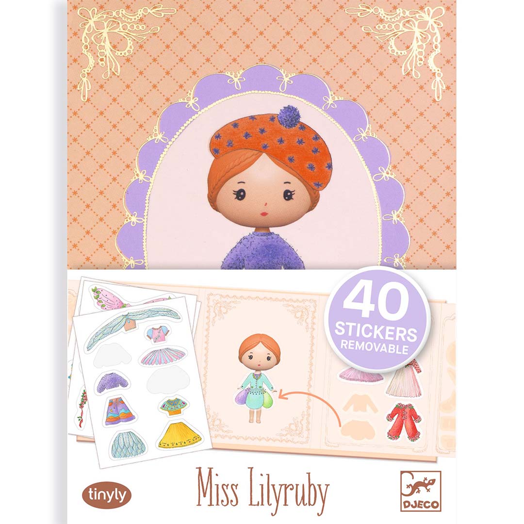Voorkant van de verpakking van het Djeco aankleedspel Miss Lilyruby.