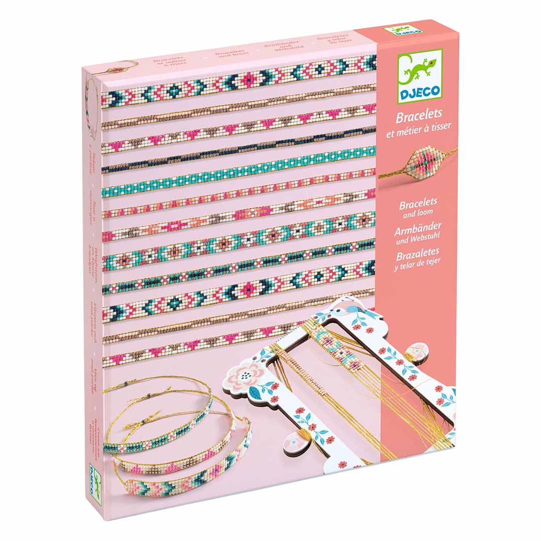 Djeco verpakking van een set om kralenarmbandjes te maken, met voorbeelden en een weefraam.