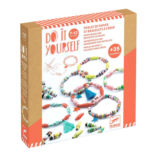 Djeco knutselset voor het maken van papieren kralenarmbandjes, afgebeeld op de verpakking.