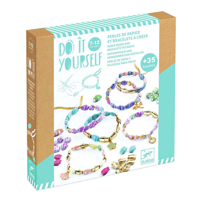 Djeco knutselset voor het maken van papieren kralenarmbandjes, met voorbeelden op de verpakking.