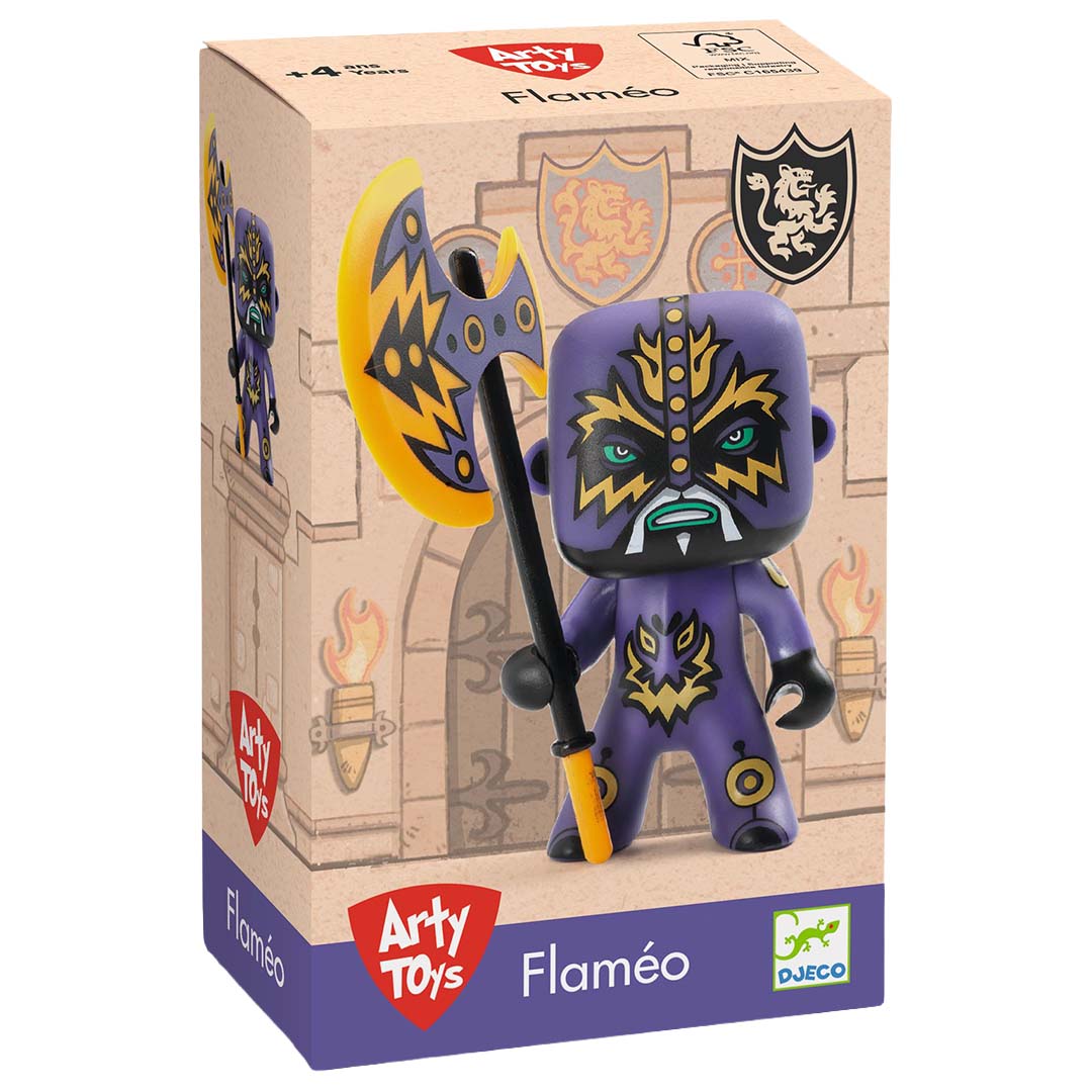 De verpakking van de Djeco Arty Toys Flameo actiefiguur.