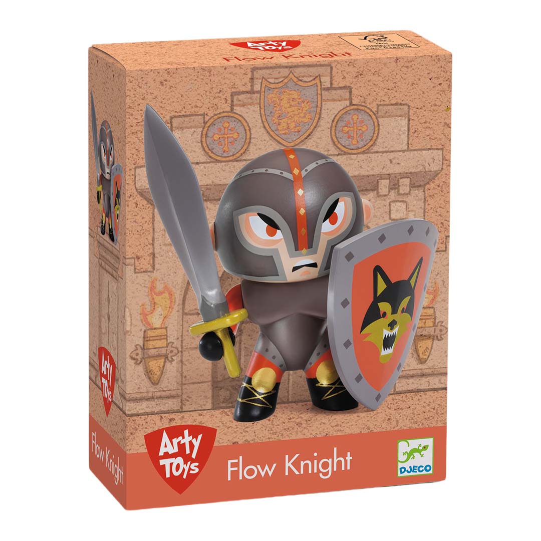 Djeco Arty Toys Flow Knight actiefiguur in de verpakking, een ridder met zwaard en schild.