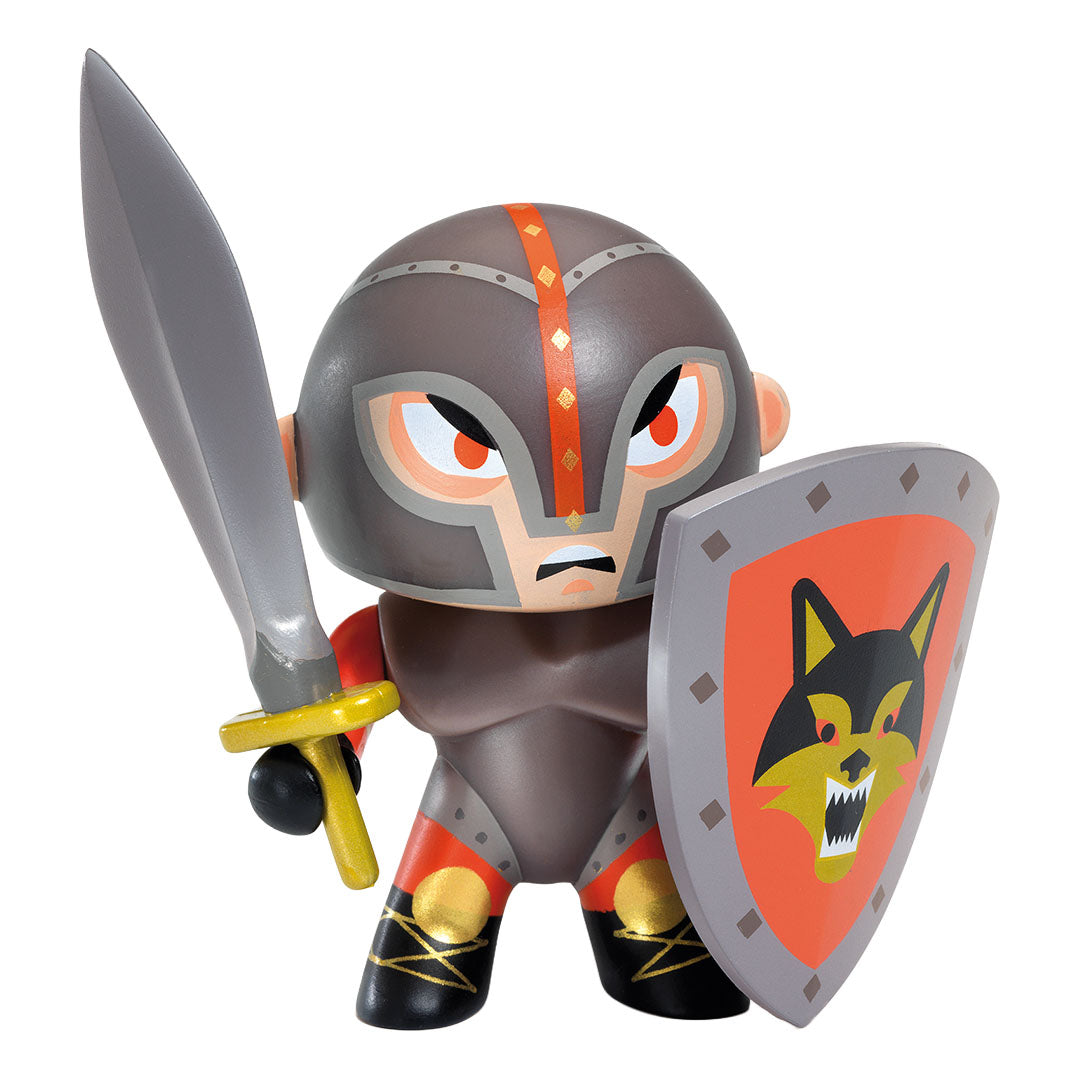 Djeco Arty Toys Flow Knight actiefiguur, een ridder met grijs harnas, zwaard en schild met wolfkop.