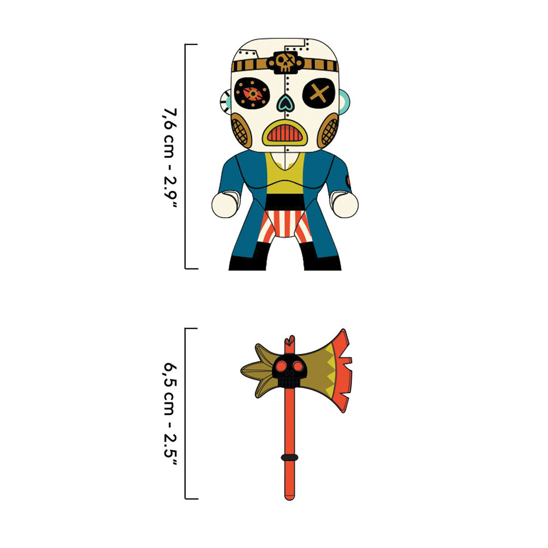 Infographic met de afmetingen van het Djeco Arty Toys Jack Os actiefiguur en zijn bijl.