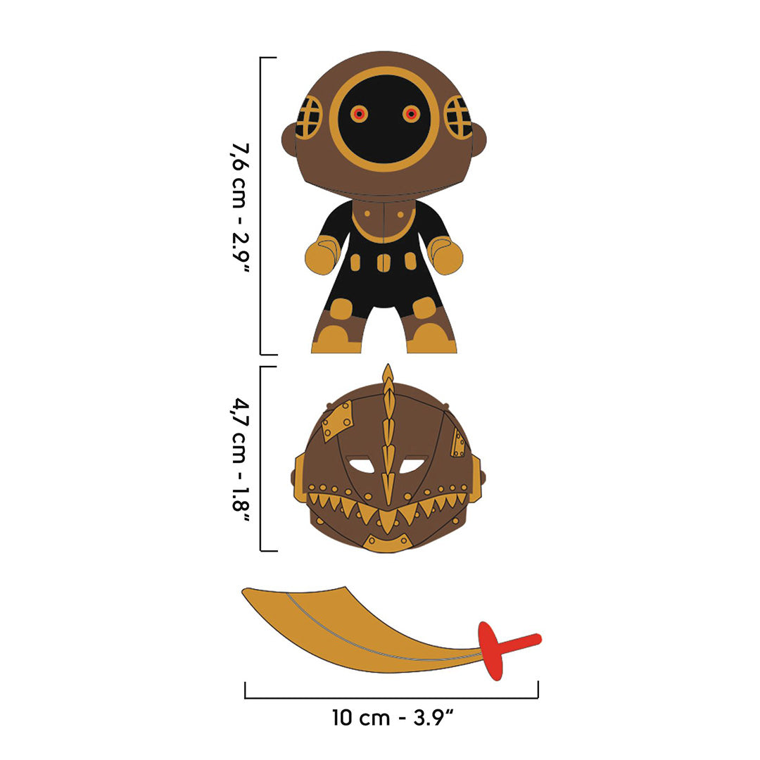 Infographic met de afmetingen van de Djeco Arty Toys Pirat'nha actiefiguur, het helmmasker en het zwaard.