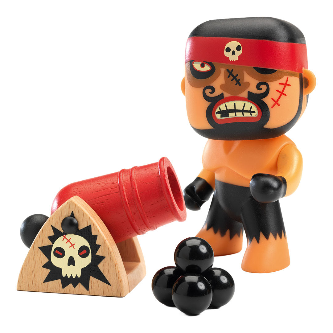 Djeco Arty Toys piraten speelset met piraatfiguur, kanon en kanonskogels.