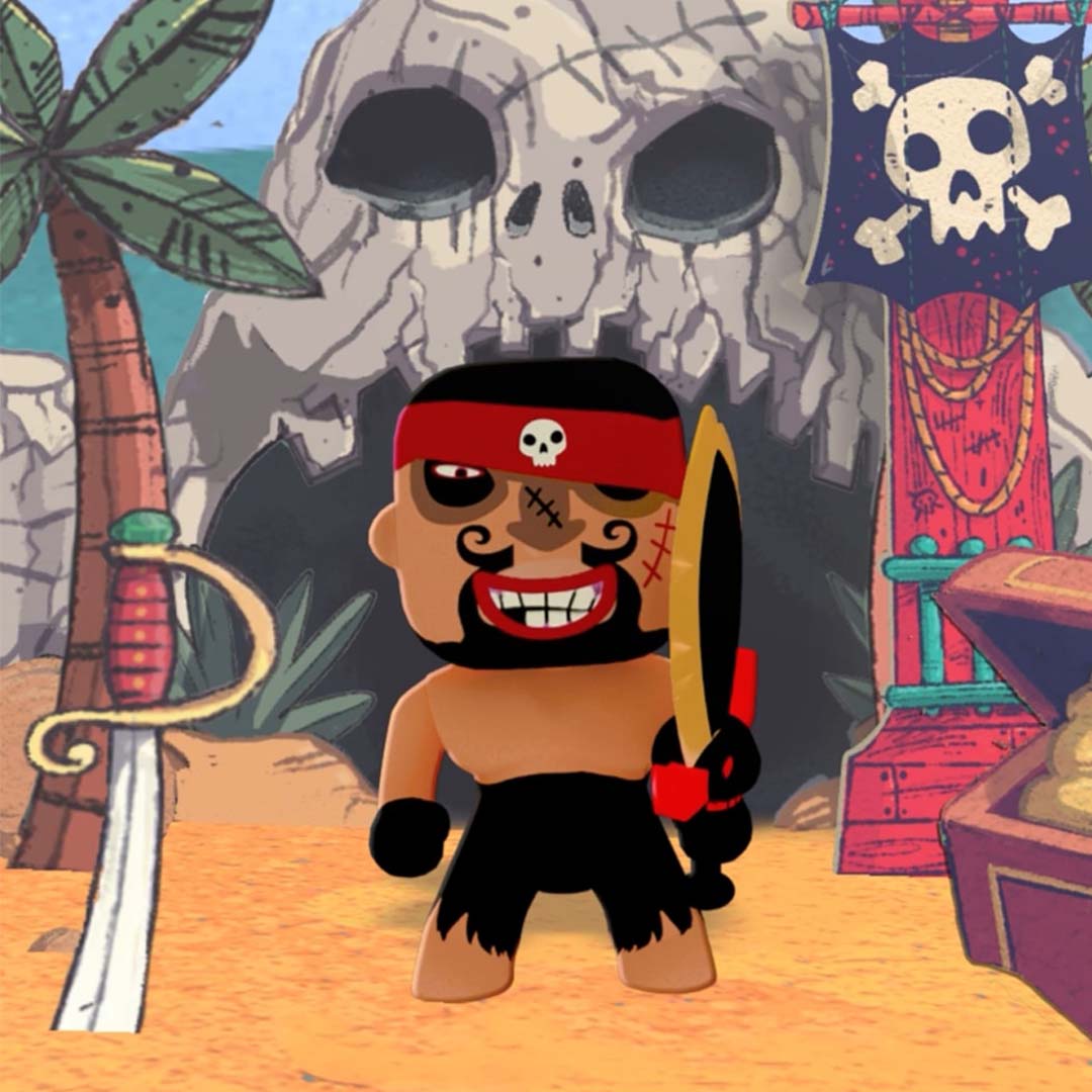 Een Djeco Arty Toys piraatfiguur met zwaard op een strand met schatkist en schedelrots.
