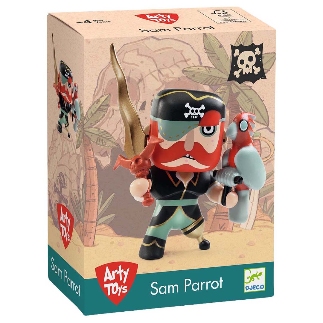 De Djeco Arty Toys Sam Parrot actiefiguur verpakking met een afbeelding van de piraat.